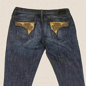 Vintage Robins Jean Dark Wash Gold Sequin Straight Leg Jeans Size 30 Low Rise